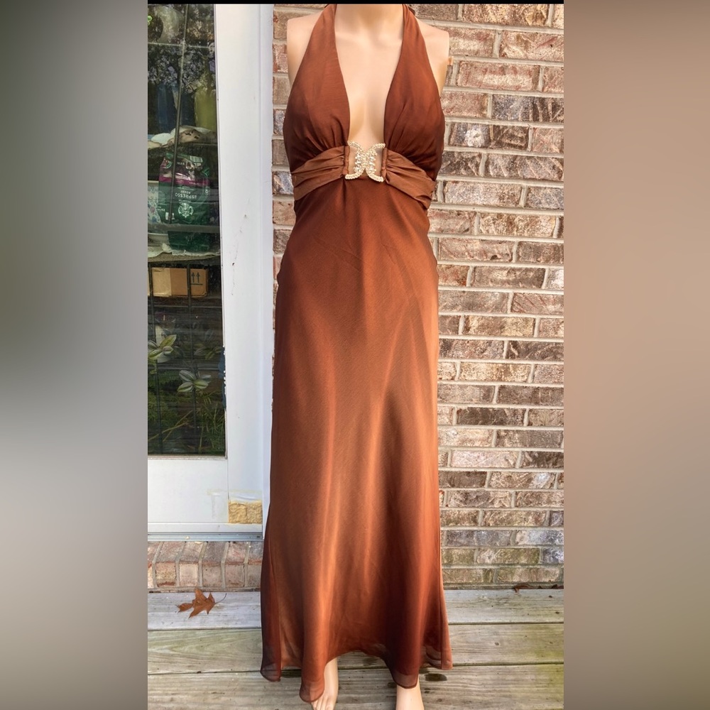 Y2K Copper & Chocolate Brown Ombré Plunge Neck Halter Prom Dress